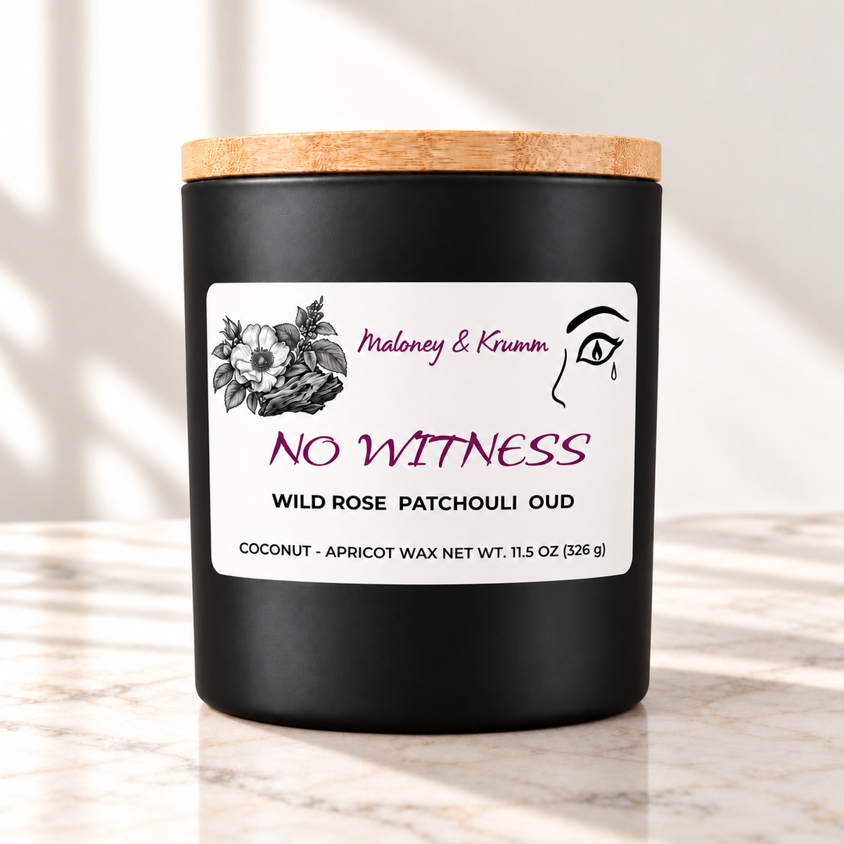 No Witness candle in matte black jar on ivory marble with white background
